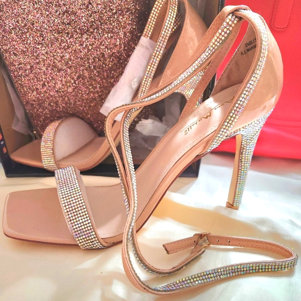 New Women's Blingy Patent Leather Open Toe Nude Color Heels
